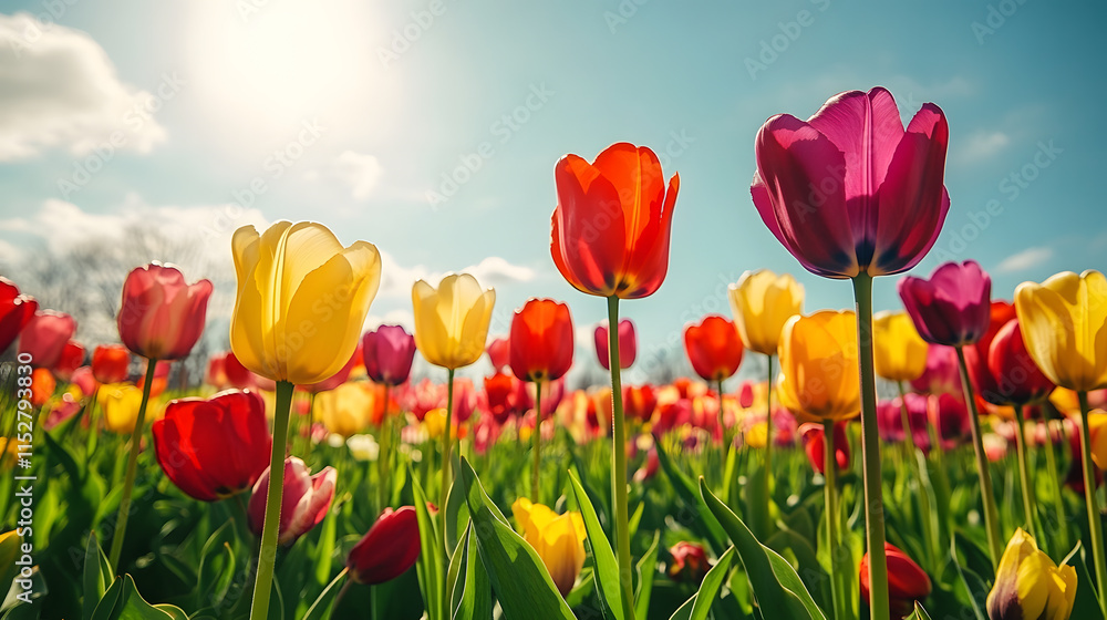 Obraz premium Vibrant field of red, yellow, and purple tulips stretching toward the horizon, creating a colorful floral display