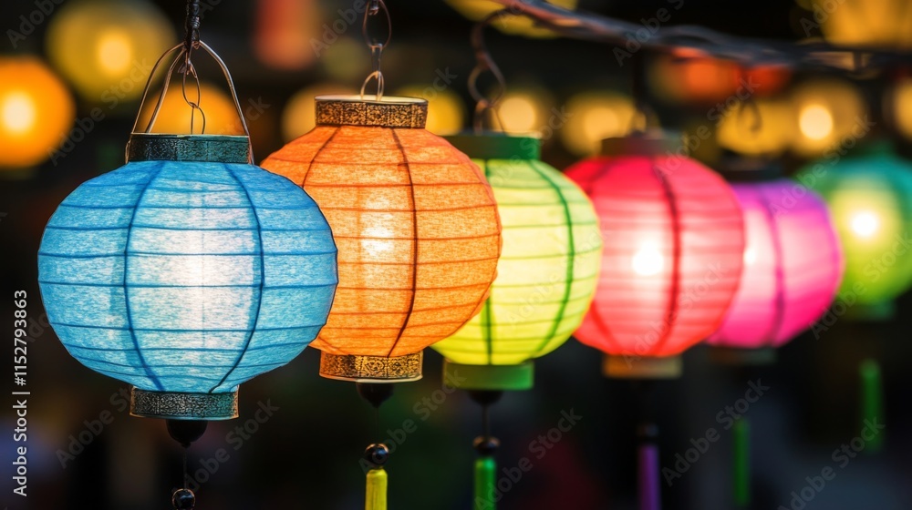 Fototapeta premium Colorful paper lanterns glowing softly at night, decorating a festive outdoor event with vibrant hues and warm ambiance, perfect for celebrations and gatherings
