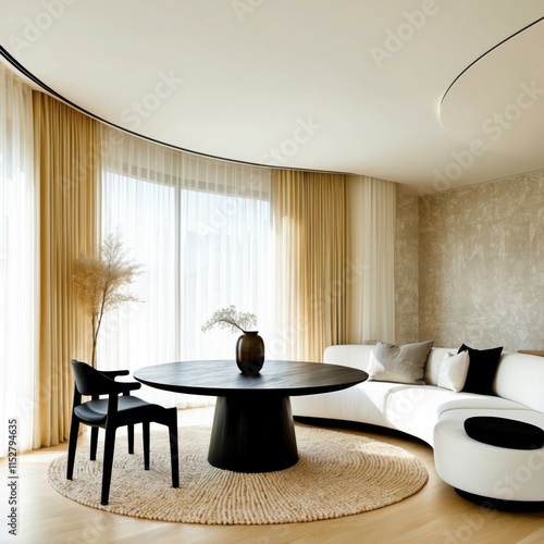 Luxurious minimalist dining room, curved walls, floor-to-ceiling windows, sheer curtains, round black dining table, modern black chairs, large white curved sofa, neutral color palette, beige rug, drie photo