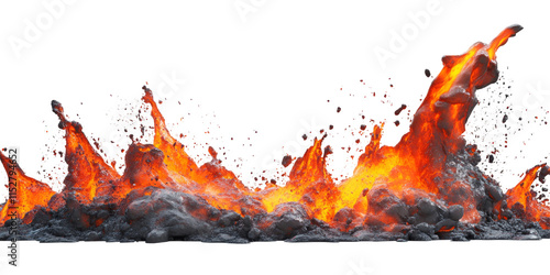 High-impact image of molten lava magma creating a dramatic splash against a pure white background