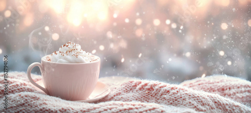 cozy cup of hot cocoa with whipped cream on soft blanket during snowy day