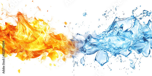 Eye-catching image of blue ice and yellow flames splashing together on a bright white background
