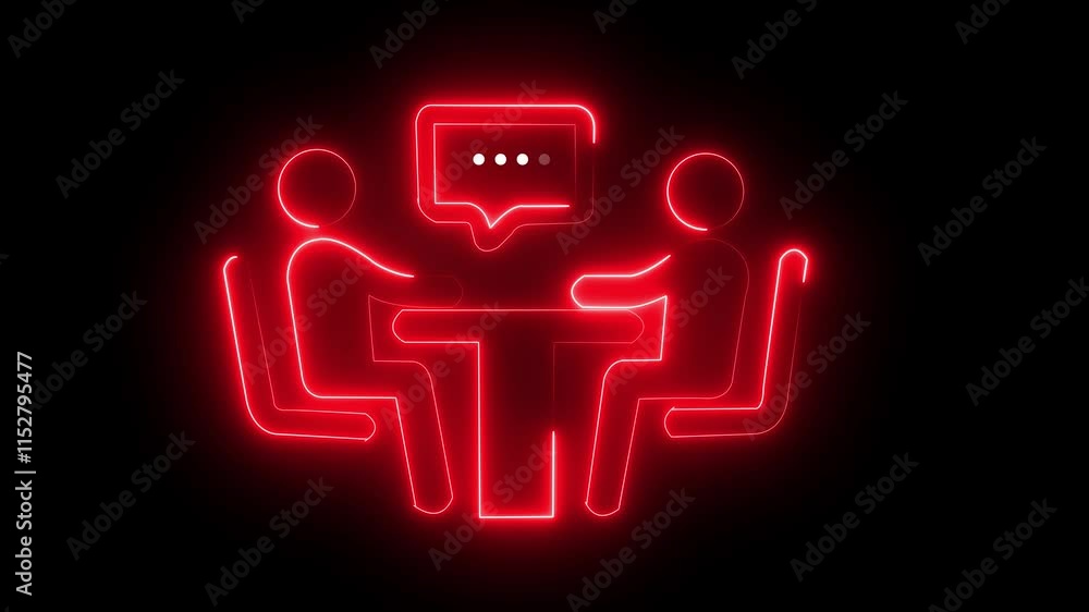 Two neon people sitting at a table with a speech bubble containing meeting marks animated on black background Two neon people sitting at a table with a speech bubble containing meeting marks animated on black background