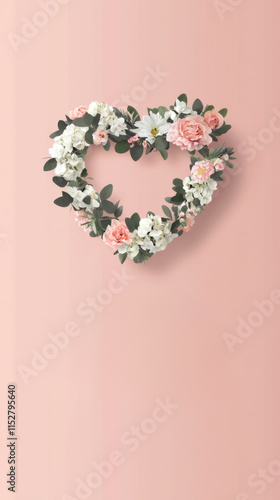 Wallpaper Mural heart shaped floral wreath with pink and white flowers on pastel pink background Torontodigital.ca