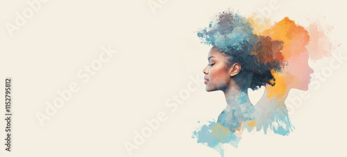 creative double exposure of woman with colorful abstract watercolor effects photo