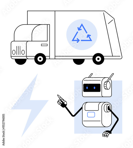 Electric garbage truck with recycle symbol, robot pointing to lightning bolt, promoting energy efficiency, innovation. Ideal for sustainability, recycling, clean energy, robotics, eco-friendly