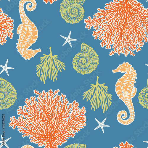 Seamless marine pattern, detailed coral, seahorse, ses shell, star fish elements, endless, all over print to use textile, fabric, clothing, background, wallpaper, home textile, clothing, fashion.