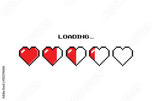 Pixel art heart sign for Valentine's Day in 8-bit retro game style and loading bar. Pixel art Valentine's Day or banner isolated on white background