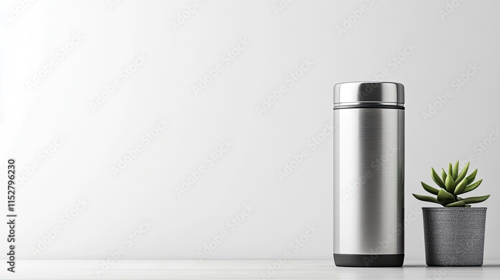 A sleek stainless steel thermos bottle standing next to a small succulent plant in a gray pot on a minimalistic white background A sleek stainless steel thermos bottle standing next to a small succulent plant in a gray pot on a minimalistic white background