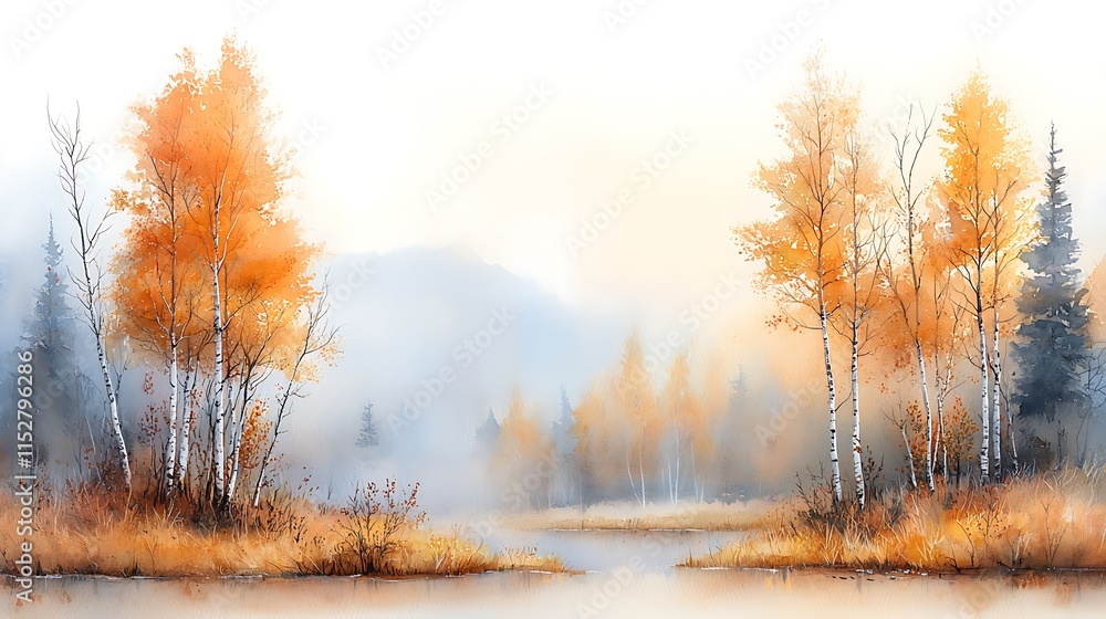 Fototapeta premium Autumn serenity tranquil landscape with misty river forest and golden leaves