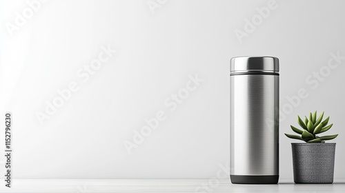 A sleek stainless steel thermos bottle standing next to a small succulent plant in a gray pot on a minimalistic white background