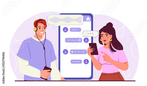 Social media voice chat. Man and woman exchange audio messages. Communication and interaction on Internet. Chat on social networks and instant messengers. Flat vector illustration