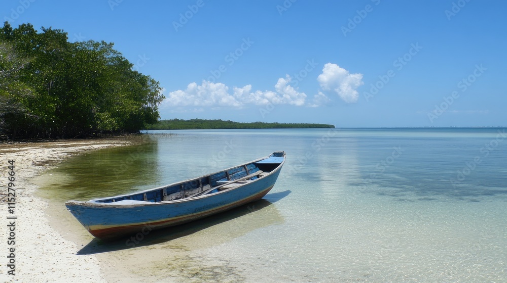Serene Beach Landscape with Blue Boat on Calm Tropical Water Serene Beach Landscape with Blue Boat on Calm Tropical Water