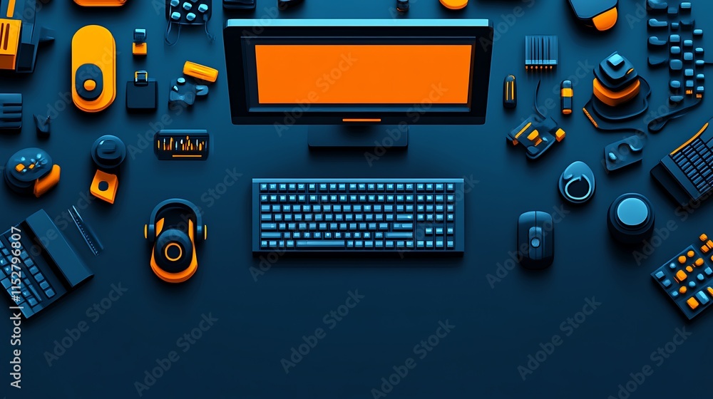 Orange and Blue Gaming Setup Top View Orange and Blue Gaming Setup Top View