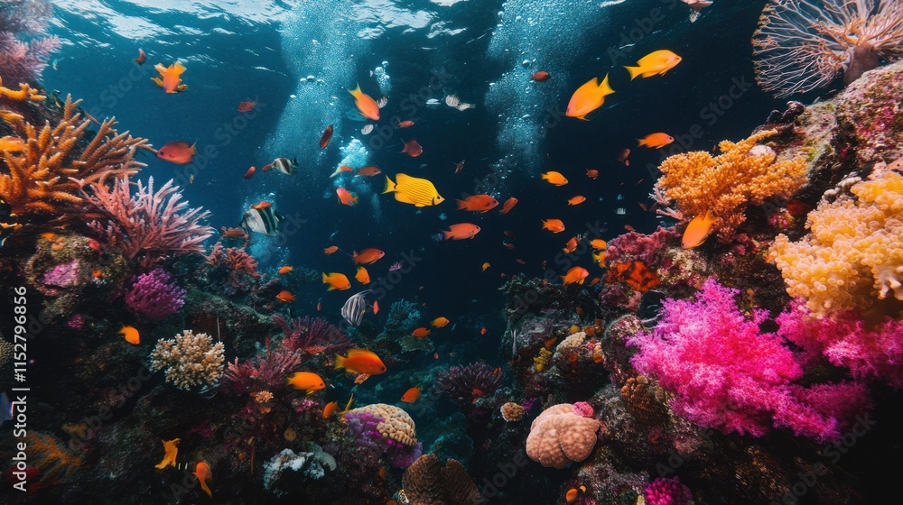 Naklejka premium Vibrant Underwater Coral Reef Paradise: A Symphony of Colors and Marine Life
