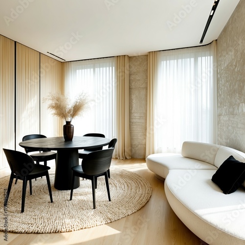 Luxurious minimalist dining room, curved walls, floor-to-ceiling windows, sheer curtains, round black dining table, modern black chairs, large white curved sofa, neutral color palette, beige rug, drie photo