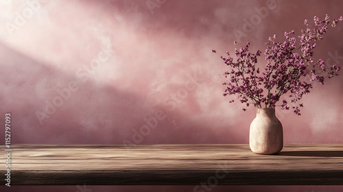 Close-up Photo: Delicate Purple Flowers Gracefully Resting on Rustic Wooden Table Against a Soft Pink Wall. AI Generated