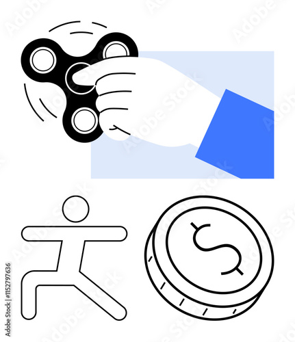 Hand spinning fidget spinner, figure in motion, and coin with dollar sign. Ideal for relaxation, stress relief, fitness, physical activity, economics finance and play. Line metaphor
