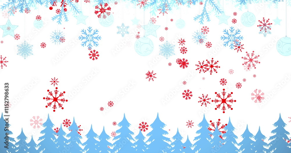 Image of snowflakes falling over christmas trees Image of snowflakes falling over christmas trees
