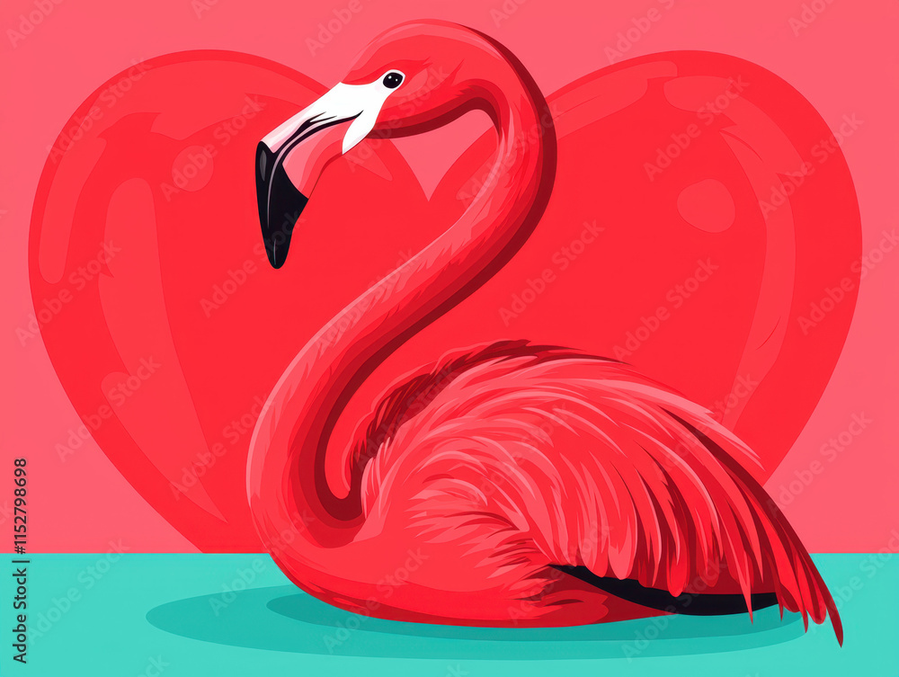 Fototapeta premium Kawaii Animal Valentine's Love concept. Colorful flamingo illustration with a heart background.