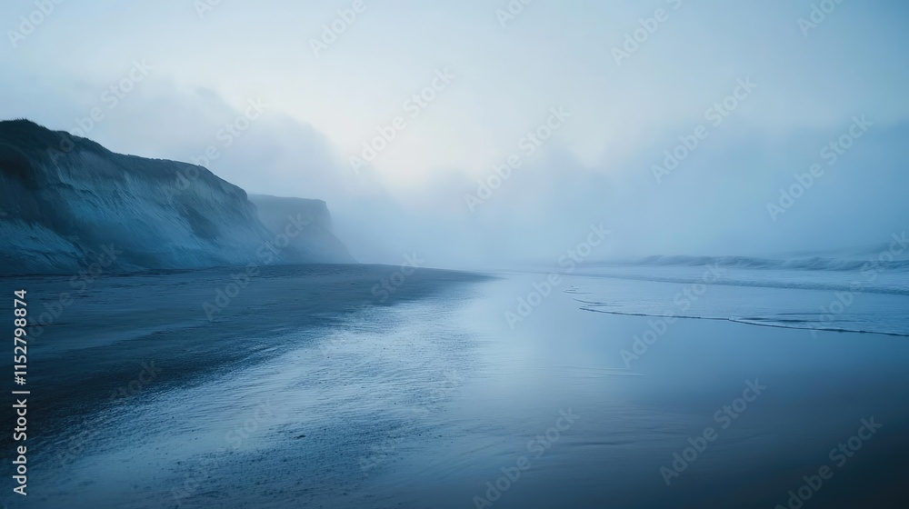 Serene Coastal Landscape at Dusk with Soft Fog and Gentle Waves Serene Coastal Landscape at Dusk with Soft Fog and Gentle Waves