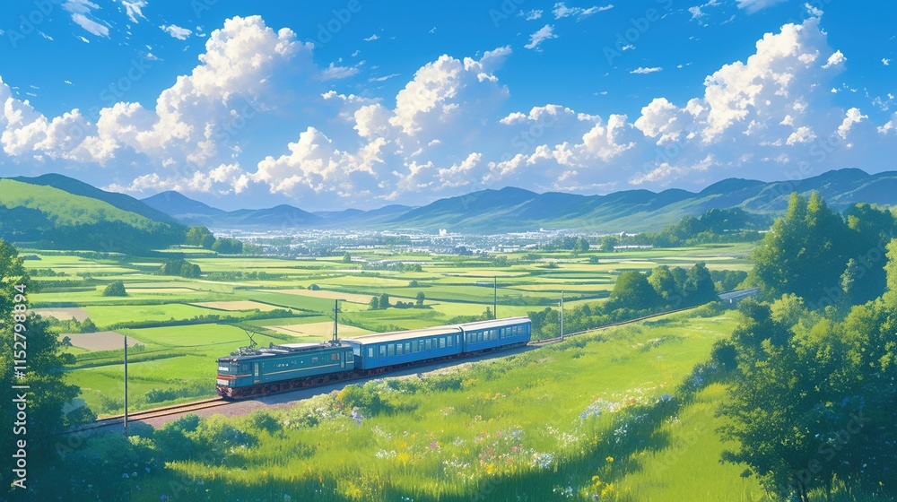 Naklejka premium Scenic train journey through vibrant green valley under a sunny sky.