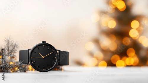 Elegant black wristwatch on a white surface with a festive background of blurred golden bokeh lights and a decorated Christmas tree