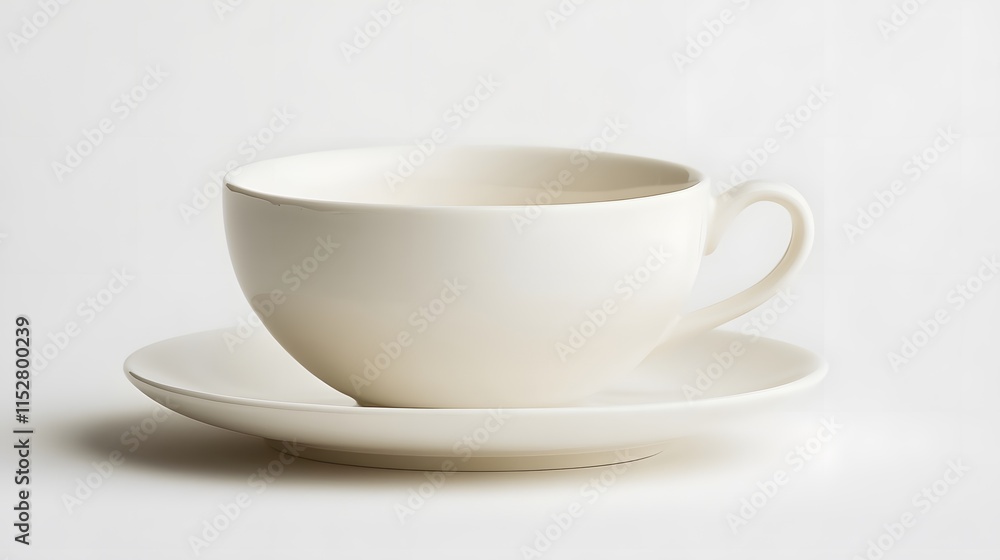 A simple white porcelain teacup with a saucer, placed on a white table A simple white porcelain teacup with a saucer, placed on a white table