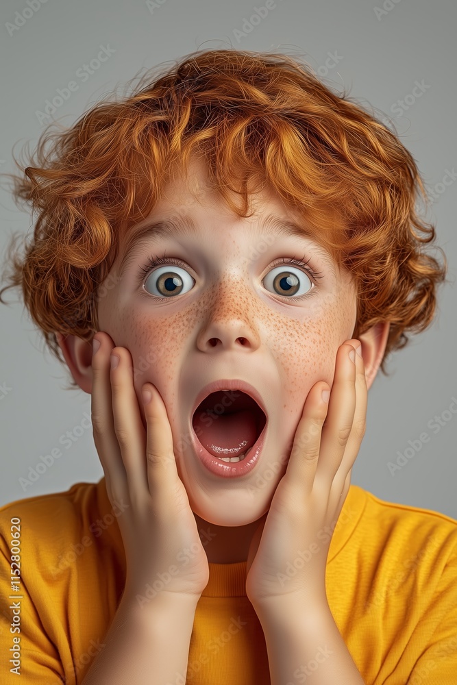 Surprised boy with wide-open eyes, boy expressing emotion of innocent wonder and amazement, reflecting pure curiosity and joy, creating vivid and captivating moment of youthful surprise