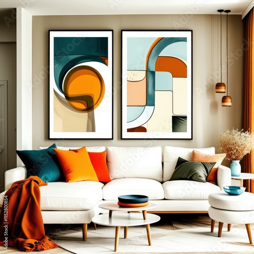 Abstract geometric art, mid-century modern style, teal and orange color palette, curved shapes, minimalist composition, living room decor, framed canvas prints, white sofa, orange ottoman, pendant lig photo