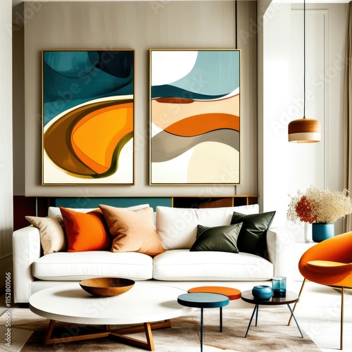 Abstract geometric art, mid-century modern style, teal and orange color palette, curved shapes, minimalist composition, living room decor, framed canvas prints, white sofa, orange ottoman, pendant lig photo