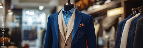 Deep blue suit with a contrasting beige coat displayed in a chic boutique The luxurious textures and modern tailoring make this a statement piece