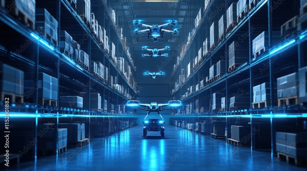 A futuristic warehouse with automated drones transporting goods between shelves, glowing blue lighting accentuating the space A futuristic warehouse with automated drones transporting goods between shelves, glowing blue lighting accentuating the space