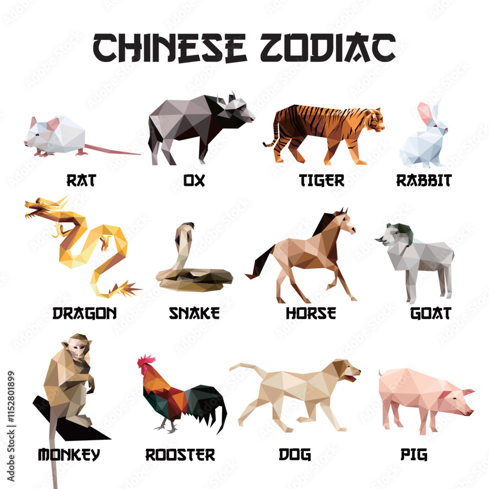 Obraz premium Chinese animal zodiac vector logo. Animal Zodiac in low poly vector abstract set. Animal vector set of Chinese Zodiac. Chinese Zodiac Animal in polygonal low poly vector. Animal zodiac illustration