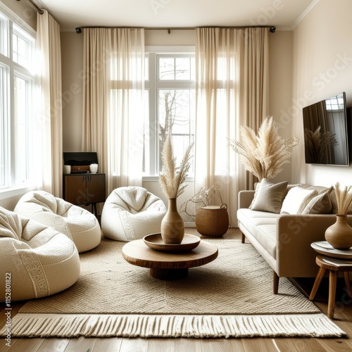 Cozy modern living room, neutral color palette, textured beige walls, large windows with sheer curtains, organic shaped furniture, oversized round woven pendant light, minimalist decor, natural materi photo