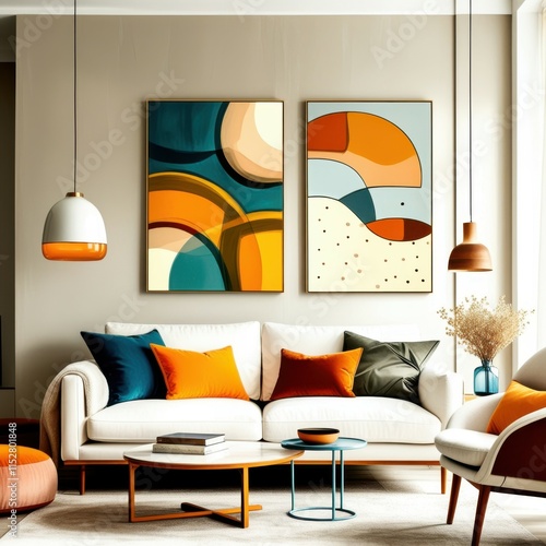 Abstract geometric art, mid-century modern style, teal and orange color palette, curved shapes, minimalist composition, living room decor, framed canvas prints, white sofa, orange ottoman, pendant lig photo