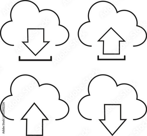 Set of line icons related to cloud computing, cloud services, digital transformation. Outline icon collection. Editable stroke. Vector illustration with transparent background.