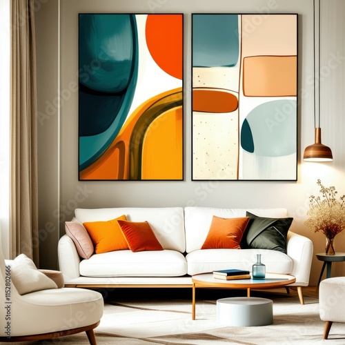 Abstract geometric art, mid-century modern style, teal and orange color palette, curved shapes, minimalist composition, living room decor, framed canvas prints, white sofa, orange ottoman, pendant lig photo