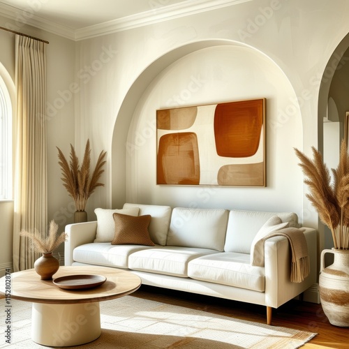 Interior design, cozy living room, arched doorway, white walls, modern minimalist, curved sofa, round coffee table, abstract wall art, pampas grass, natural light, warm tones, textured rug, wood accen photo