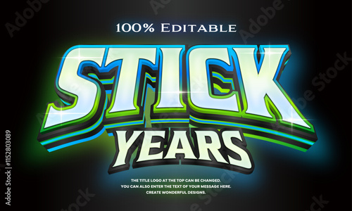 ”Stick YEARS” Editable title logo text style effect that looks like a three-dimensional neon sign with Light blue, blue and light green gradation gradation lines on the side, sans serif typeface
