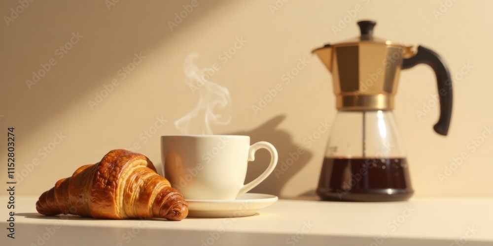 custom made wallpaper toronto digitalAromatic coffee brewing in a glass pot, steaming mug, and freshly baked croissants on a sunlit surface.