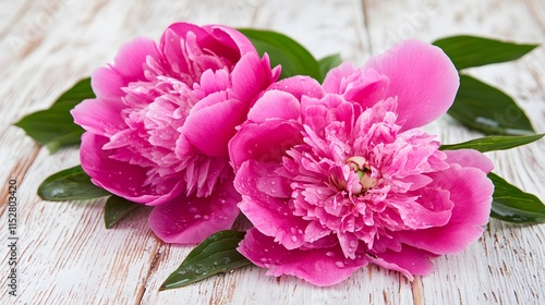 Fototapeta Naklejka Na Ścianę i Meble -  A bright pink peony with dew on its petals, placed on a white table