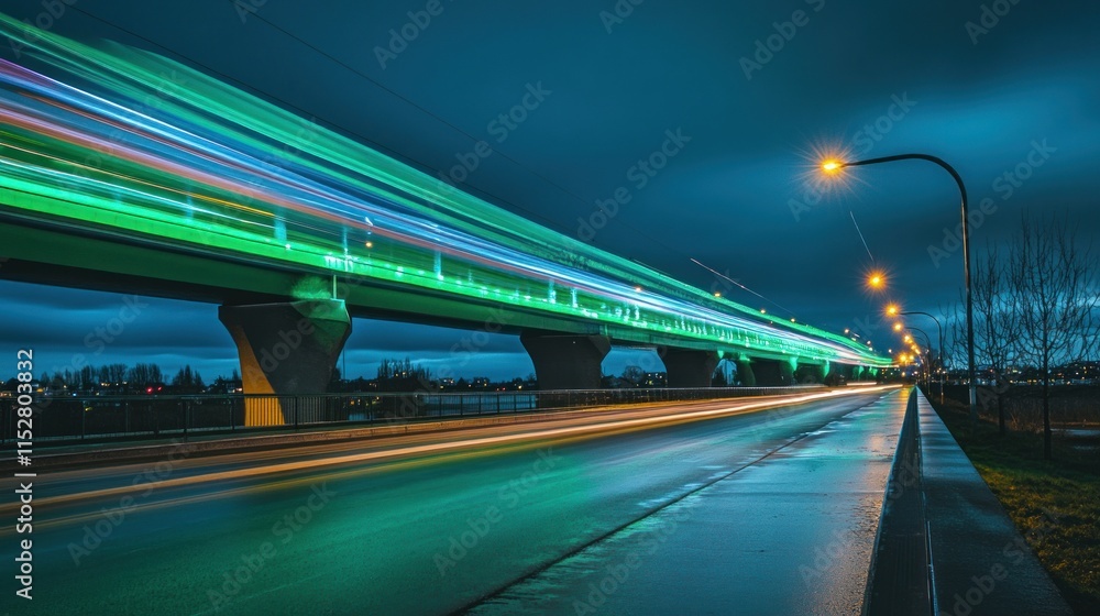 Fototapeta premium A long exposure shot of a brightly lit bridge over a wet road at dusk.