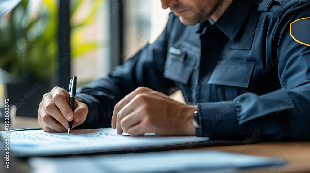 Police Officer Writing Report at Desk with Documents and Natural Light in Modern Workspace Police Officer Writing Report at Desk with Documents and Natural Light in Modern Workspace