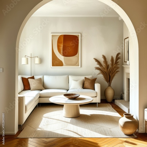 Interior design, cozy living room, arched doorway, white walls, modern minimalist, curved sofa, round coffee table, abstract wall art, pampas grass, natural light, warm tones, textured rug, wood accen photo