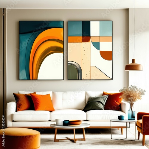 Abstract geometric art, mid-century modern style, teal and orange color palette, curved shapes, minimalist composition, living room decor, framed canvas prints, white sofa, orange ottoman, pendant lig photo