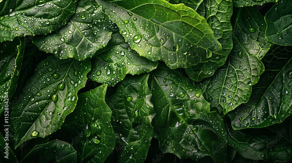 Fototapeta premium Lush Green Leaves Covered in Dew Drops, Close-Up View