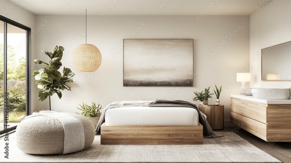 Fototapeta premium Inviting modern bedroom interior featuring natural elements and soft textures for a serene and cozy retreat