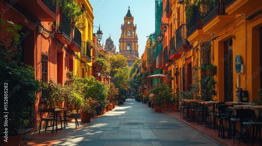 Fototapeta premium A vibrant street lined with colorful buildings and greenery, showcasing urban charm.