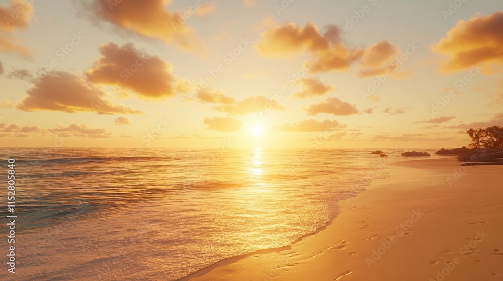 Tranquil Sunset Over Calm Ocean Waves on Serene Beach Shoreline Tranquil Sunset Over Calm Ocean Waves on Serene Beach Shoreline